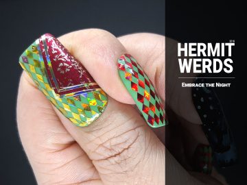 Embrace the Night - Hermit Werds - harlequin pattern made with rhombus sequins and a strange golden dancer wearing a mask