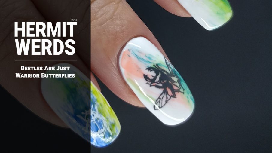 Beetles Are Just Warrior Butterflies - Hermit Werds - neon dry brush nail art with beetles and leaves stamped on top