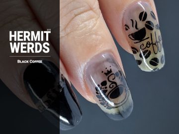 Black Coffee - Hermit Werds - coffee themed black jelly nails covered with black stamping and masked off areas filled with black