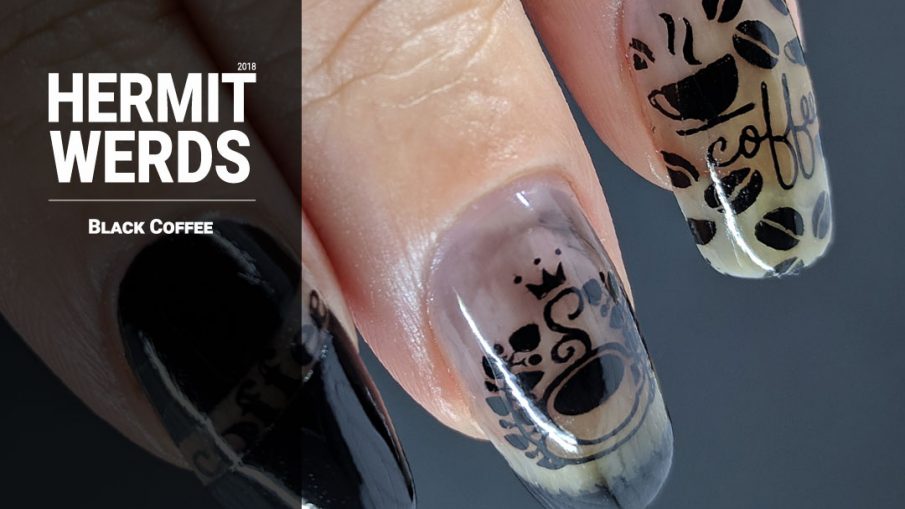 Black Coffee - Hermit Werds - coffee themed black jelly nails covered with black stamping and masked off areas filled with black