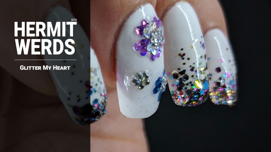 Glitter My Heart - Hermit Werds - baby boomer french tips with glitter and glitter heart placement