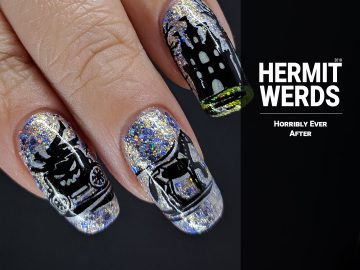 Horribly Ever After - Hermit Werds - double stamping of nightmare carriage, castle, and giant wolf and girl on a glittery background