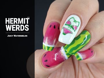 Juicy Watermelon - Hermit Werds - watermelon nail art with two french tips and a watermelon bikini