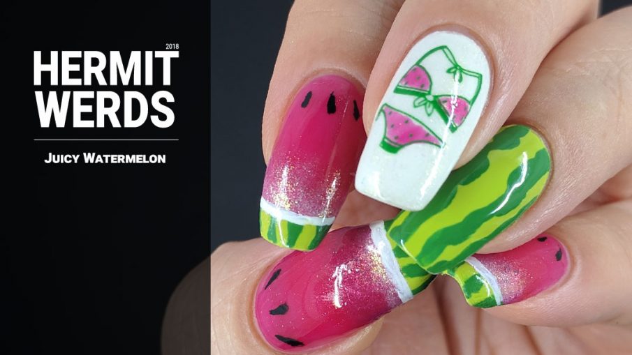 Juicy Watermelon - Hermit Werds - watermelon nail art with two french tips and a watermelon bikini