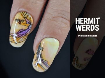 Phoenix in Flight - Hermit Werds - vertically stacked phoenix design filled in with watercolor paints in yellow, orange, red, and purple