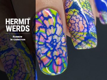 Rainbow In-carnation - Hermit Werds - rainbow water marble with blue carnation stamping on top