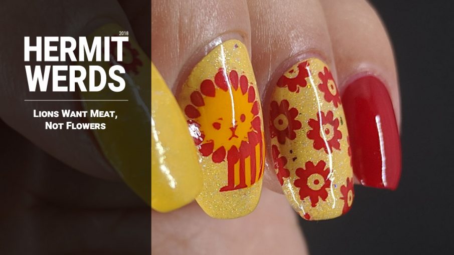 Lions Want Meat Not Flowers - Hermit Werds - bright yellow and red nail art featuring a grumpy lion, flowers, and ham