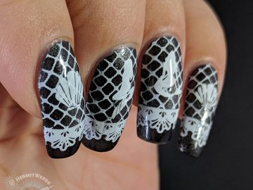 Black & White Lace - Hermit Werds - white mermaid- and shell-themed lace stamped on a black magnetic polish