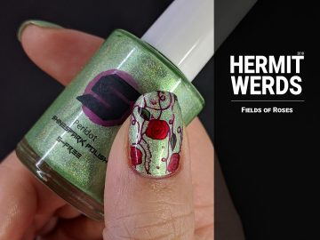 Fields of Roses - Hermit Werds - nail art of red rose vines against a green holographic background