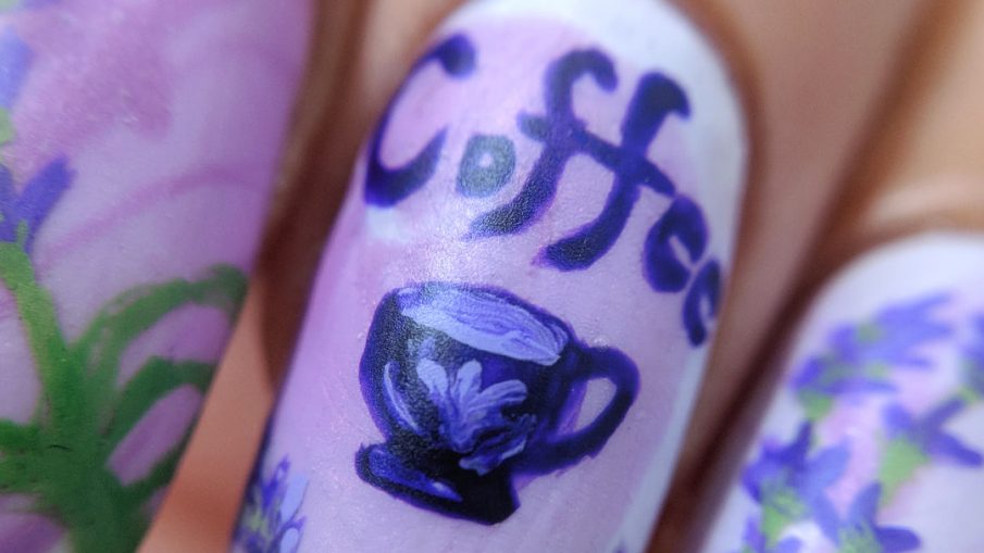 Lavender Coffee - Hermit Werds - nail art with freehand painted lavender to celebrate lavender-flavored coffee