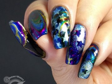 Metallic Stars - Hermit Werds - water marble nail art with a rainbow of metallic polishes and silver star outlines