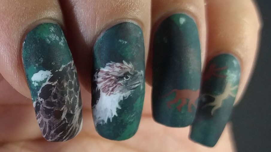 Philippine Monkey-eating Eagle - Hermit Werds - freehand nail art of a Philippine Monkey-eating Eagle on a dark green background with fleeing monkey silhouettes