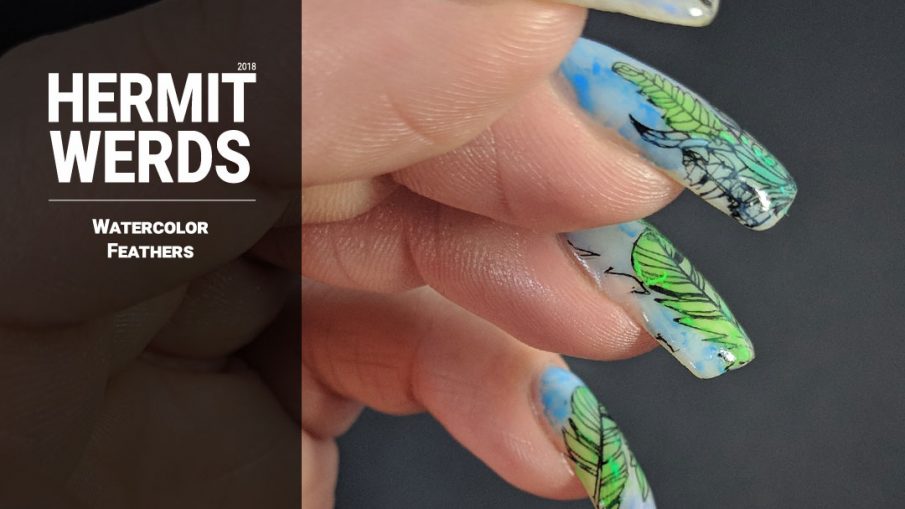 Watercolor Flowers - Hermit Werds - feather nail art filled in with watercolor paints in soft greens and blues