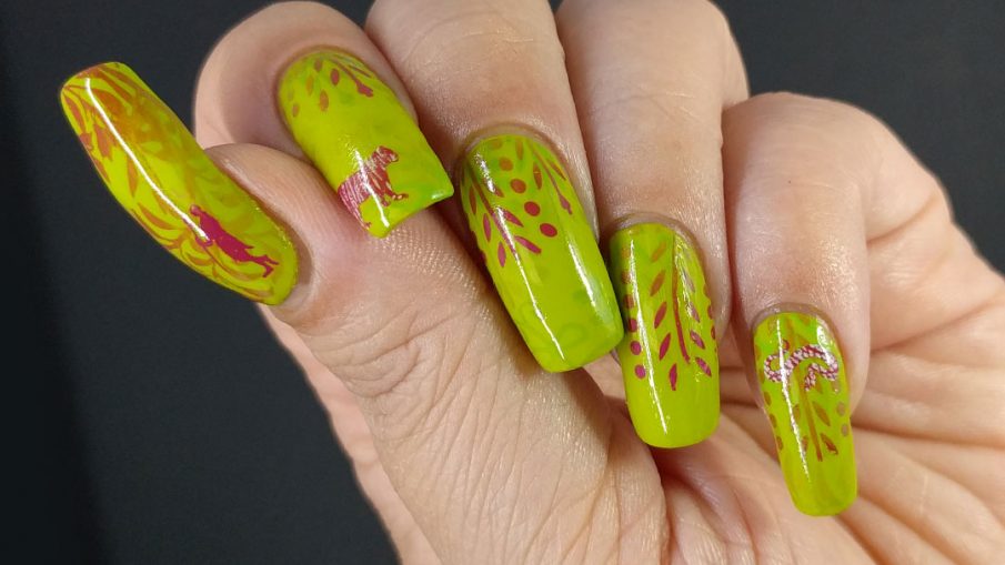 Chartreuse Jungle Book - Hermit Werds - chartreuse and magenta nail art featuring Mowgli, Shere Khan, and Kaa from The Jungle Book