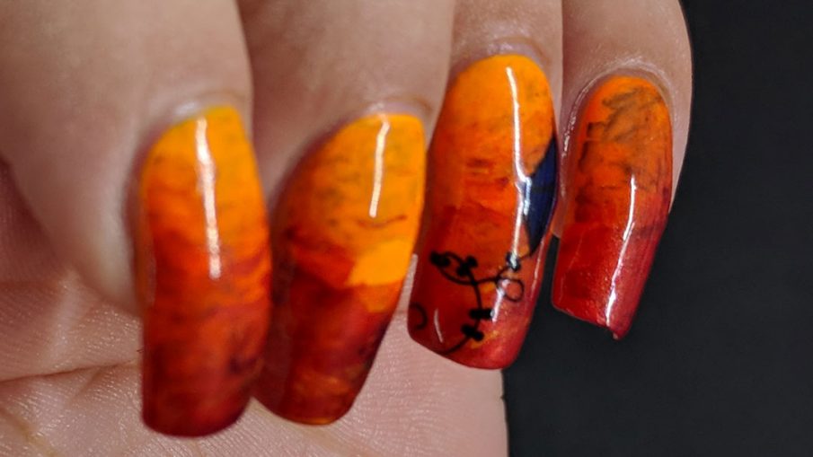 Flying at Sunset - Hermit Werds - tropical orange sunset nail art with the silhouette of a kite against the sky