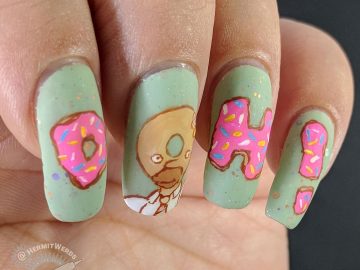 The Simpsons - Homer the Donut - Hermit Werds - freehand nail art of Homer Simpson turned into a donut head with his catchprase "Doh"