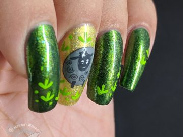 Black Sheep, Green Meadow - Hermit Werds - green nail art with a black sheep stamped on top