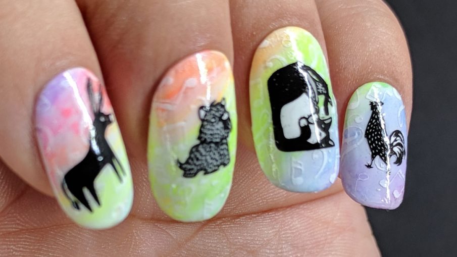 Bremen Town Musicians - Hermit Werds - nail art with a neon rainbow gradient with white musical notes and the Bremen Town Musicians (donkey, dog, cat, and rooster) stamping decals on top