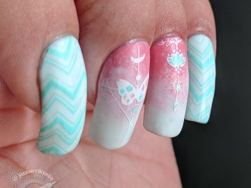 Coral, Mint, and White - Hermit Werds - cool chevron and geometric butterfly/flowering plant stamped on white and coral gradient
