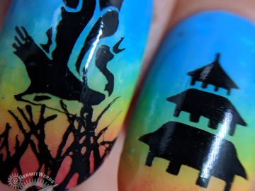Fifi's Birthday Recreation - Hermit Werds - nail art with a bright rainbow background with clouds, cranes, and an asian temple