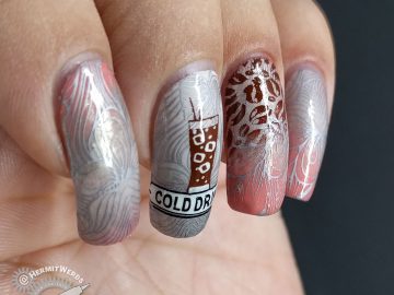 Iced Coffee - Hermit Werds - coral and white gold nail art with iced coffee stamping
