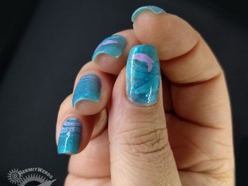 Jelly Depths - Hermit Werds - underwater nail art with a bright blue jelly polish, lavender waves, and stamps of squid, a sea turtle, and a whale