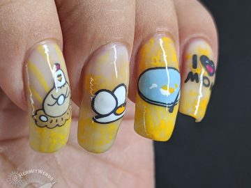 Mother's Eggs - Hermit Werds - nail art celebrating the cycle of eating eggs with hen, sunny side up egg and an empty plate.