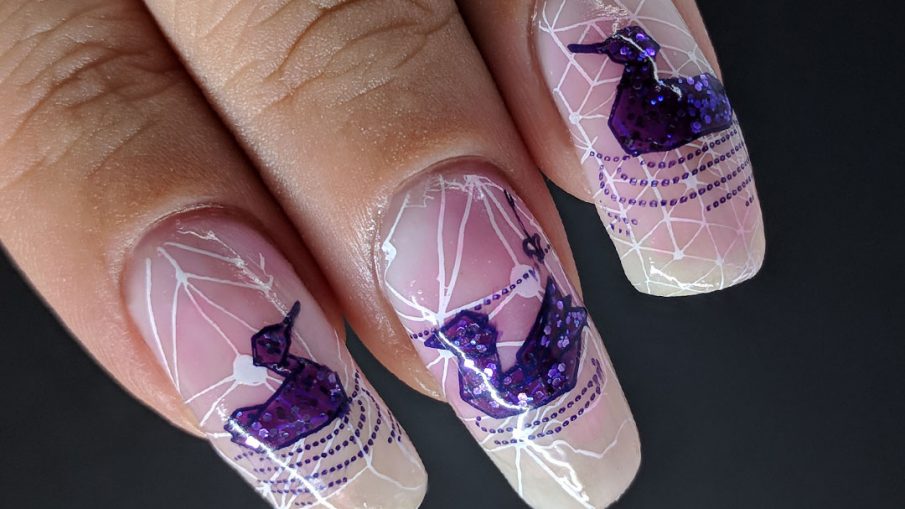 On Violet Waters - Hermit Werds - nail art of origami water birds on a white geometric background with a soft pink to white gradient