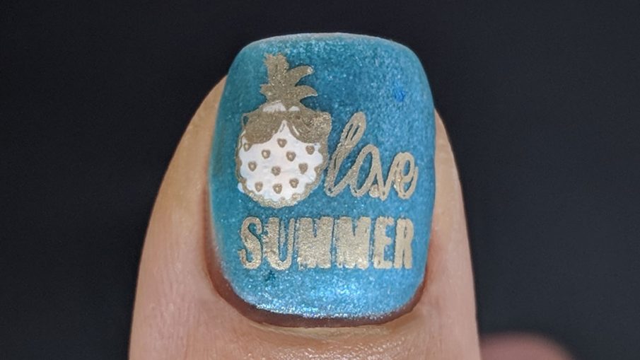 Pink Pineapple - Hermit Werds - matte nail art with pink pineapples on a sparkly blue-green background