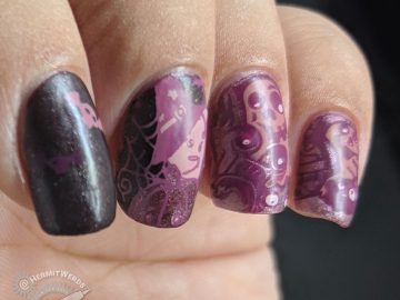 A Mauve of Monsters - Hermit Werds - monochrome mauve nail art of a group of monsters