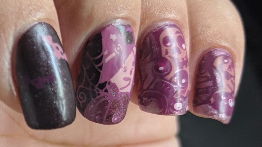 A Mauve of Monsters - Hermit Werds - monochrome mauve nail art of a group of monsters