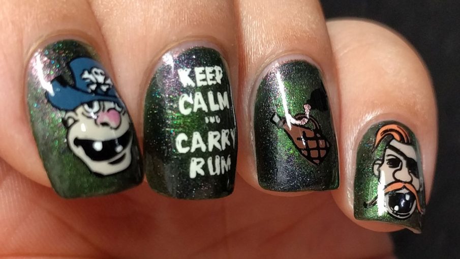 Carry Rum - Hermit Werds - green shimmer nail art with pirate crew decals and a hook holding a bottle of rum "Keep Calm and Carry Rum"