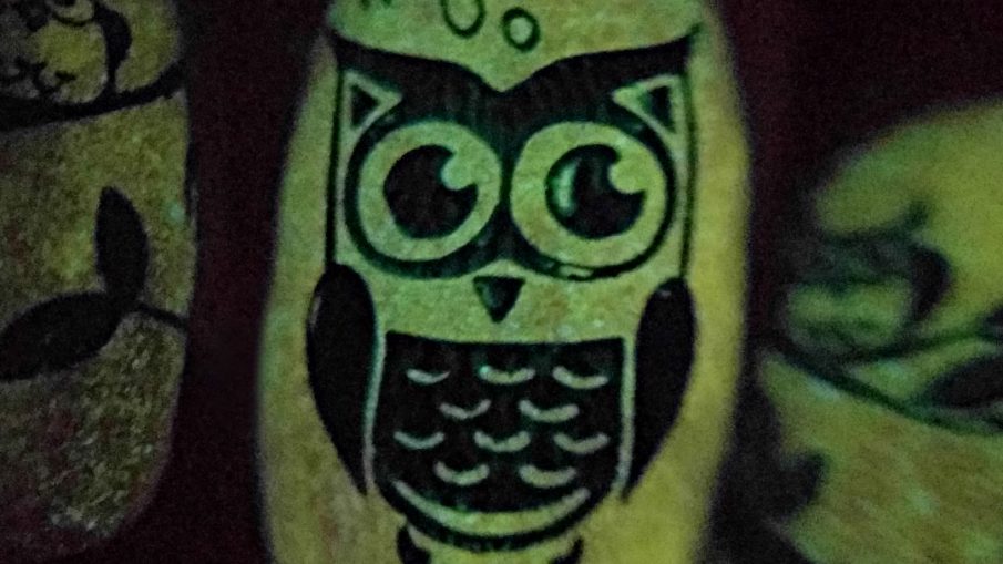 Hoo-nted Woods - Hermit Werds - orange glow in the dark Halloween nail art with green stamped owls