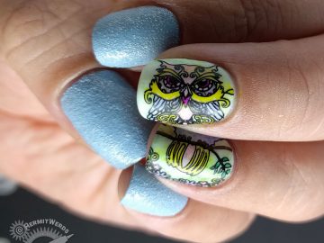 Ornamental Owl - Hermit Werds - autumn owl in spring pastels with light blue textured polish