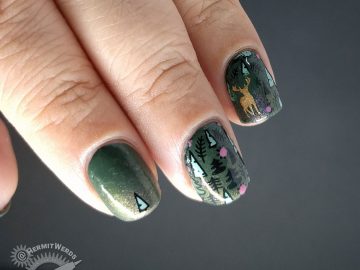 Summer Woodland - Hermit Werds - green woodland nail art with bronze deer and flowers