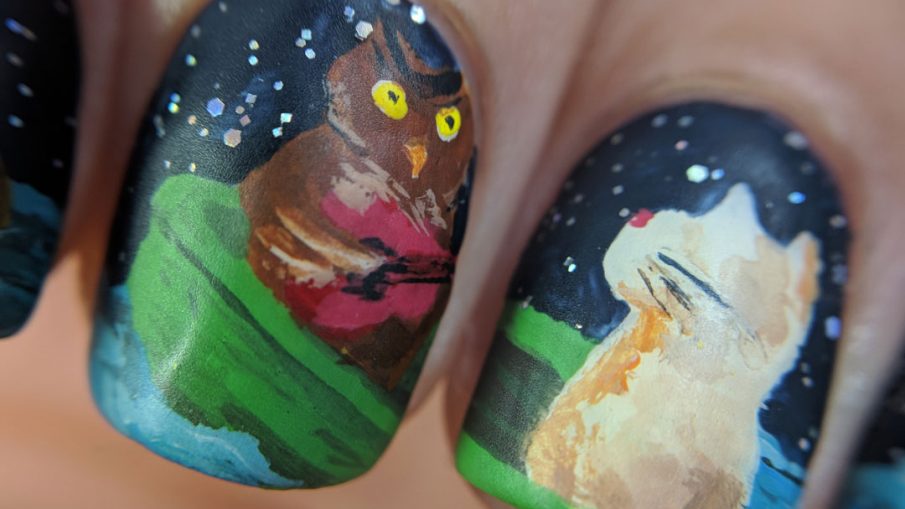 The Owl and the Pussycat (macro) - Hermit Werds - Freehand nail art of The Owl and the Pussycat by Lear with acrylic paints. The owl and the pussycat at sea in their pea green boat.