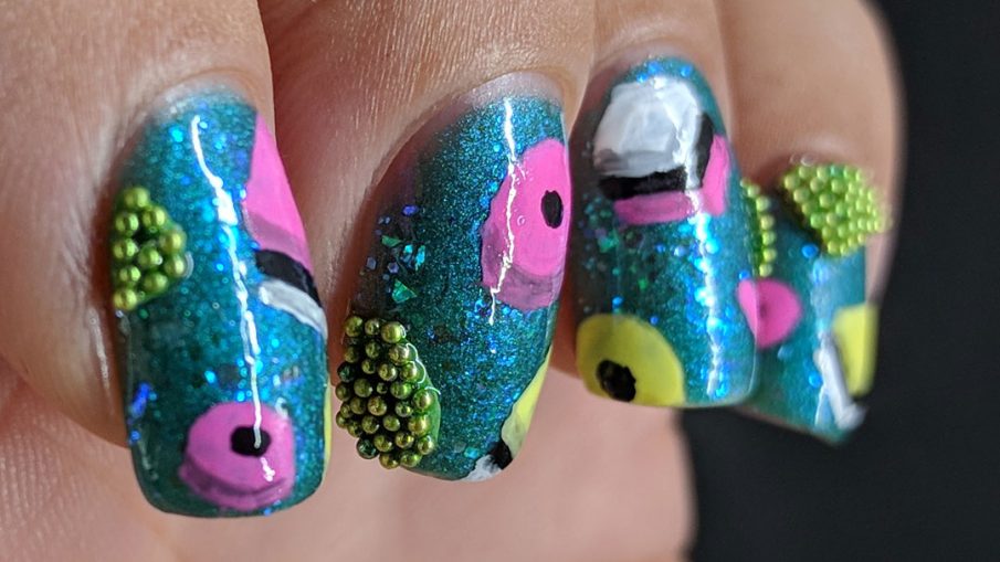 Gourmet Licorice - Hermit Werds - bright teal jelly sandwich nails with gourmet licorice freehand painted on top