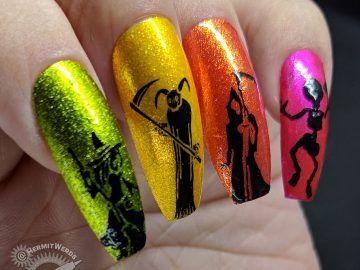 Halloween Silhouettes - Hermit Werds - long, tall stamped silhouettes of a witch, devil, demon, skeleton, and witch on metallic rainbow coffin falsies