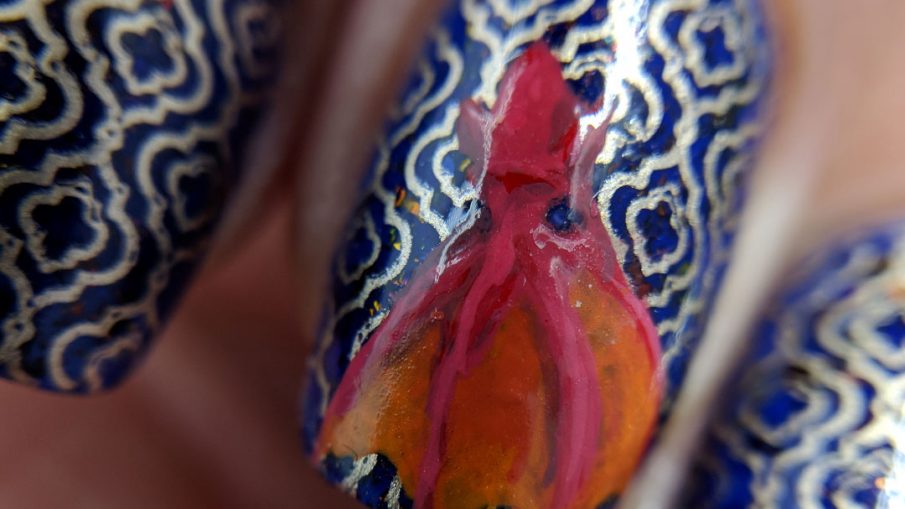 Quatrefoil Vampire Squid - Hermit Werds - vampire squid freehand painted over quatrefoil stamped deep ultramarine jelly polish