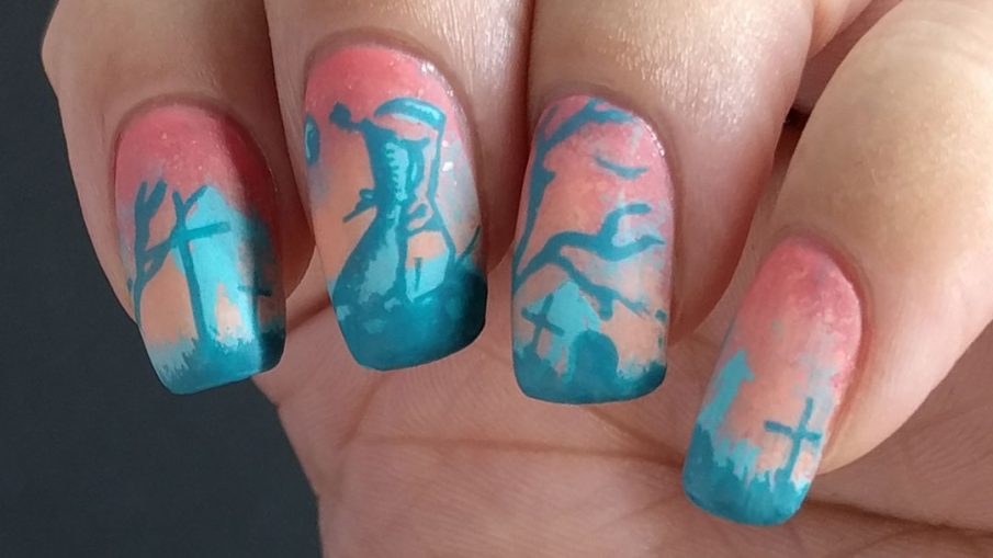 The Graveminder - Hermit Werds - salmon pink and teal nail art of a graveyard with a reaper attendant and zombies lurching in the background
