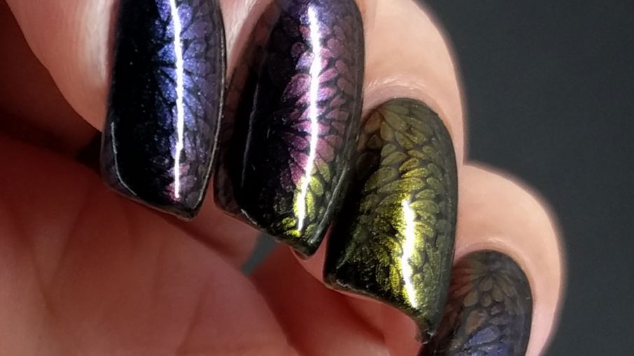 Duochrome Floral - Hermit Werds - five different duochromes stamped in a floral pattern on black