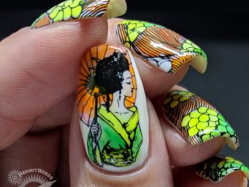 Sharon's Birthday Recreation - orange and green nail art of an oriental print representing abstract grapes and filled in with sharpie marker ink