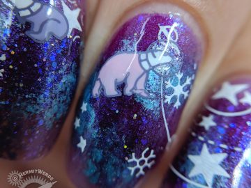 Galactic Snowstorm - Hermit Werds - purple, magenta, and blue galaxy nail art with snow flakes, sparkly glitter, and astronaut rabbit, polar bear, and penguin stamping decals