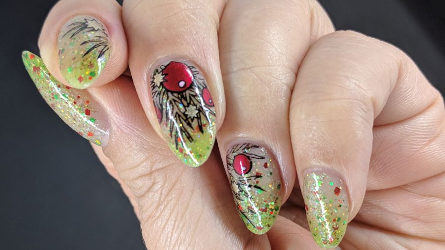Holiday Glitz - Hermit Werds - nail art with a red and green glittery thermal Christmas polish with a ritzy holiday sprig on top