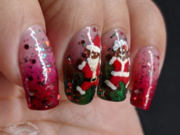 Santa Cookie - Hermit Werds - glittery red and green baby boomer french tip nails decorated with gingerbread Santa, Mrs. Clause, and Rudolph cookies