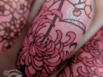 Coral Chrysanthemum - Hermit Werds - coral monochrome nail art with an oriental pattern using Japanese chrysanthemum and cherry blossom stamping decals