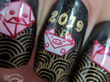Origami Zodiac - Hermit Werds - black and bronze nail art with stamped baby boomer french tips and origami zodiac animals for the year of the rooster, dog, pig, rat, and ox