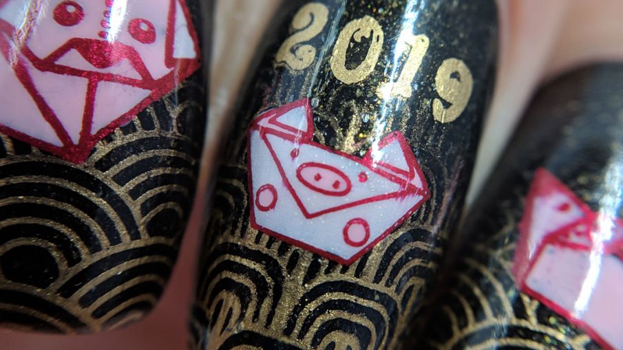 Origami Zodiac - Hermit Werds - black and bronze nail art with stamped baby boomer french tips and origami zodiac animals for the year of the rooster, dog, pig, rat, and ox