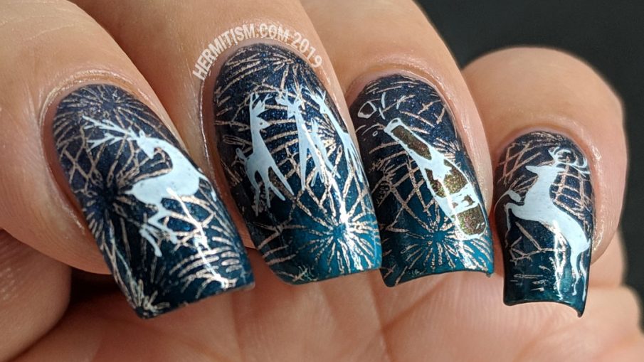 Reindeer Afterparty - Hermit Werds - teal nail art with partying reindeer and fireworks stamped on top