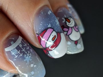 Snowman Wonderland - Hermit Werds - blue thermal snowflake crelly with snowmen stamping decals on top, including a skating snowman